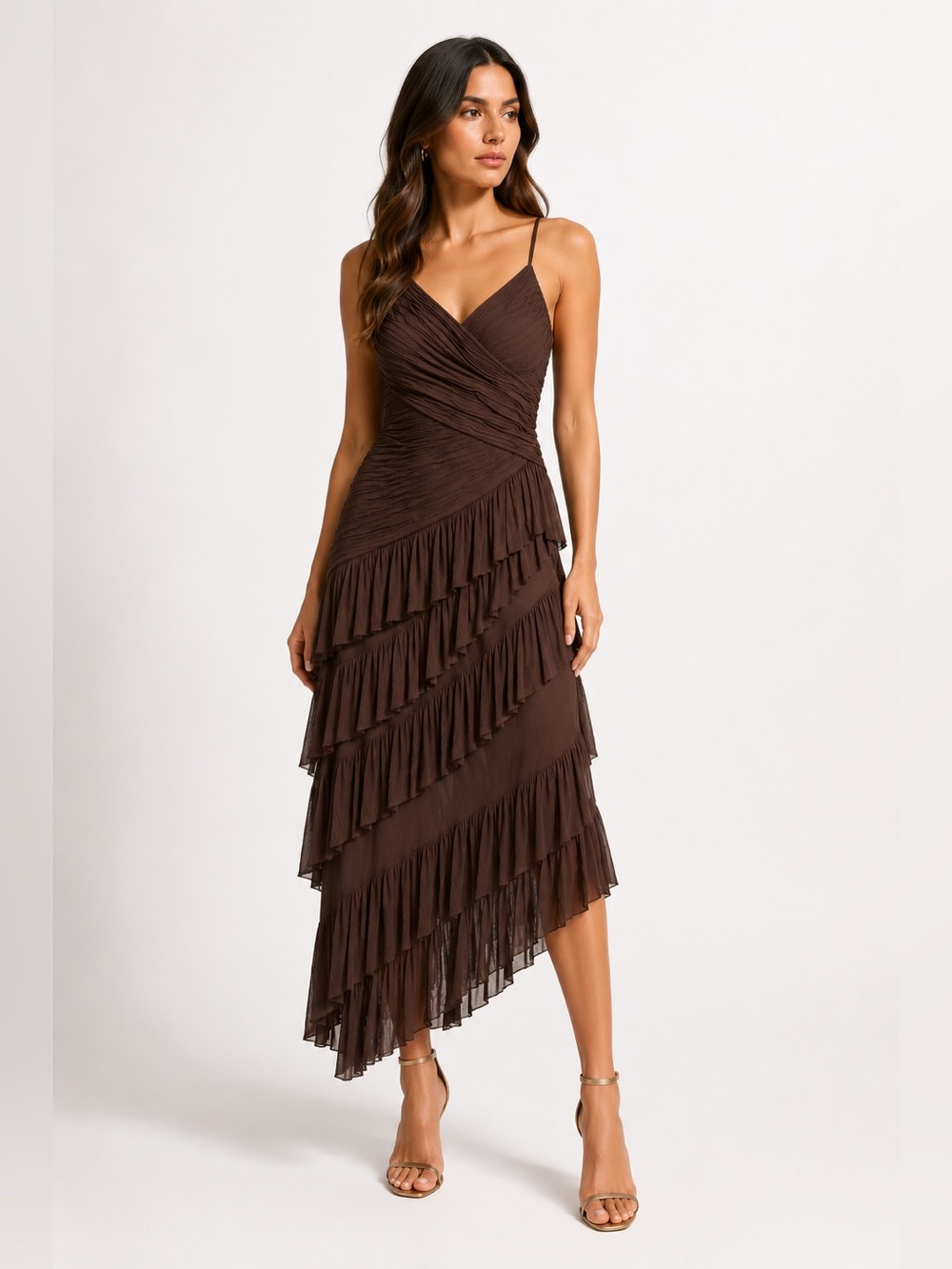 BCBGMAXAZRIA Chocolate Brown Asymmetrical Ruffle Chiffon Dress